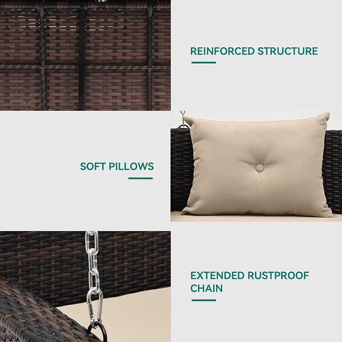 YITAHOME 3-Seats Wicker Hanging Porch Swing Chair Outdoor Gray Rattan Patio - Image 6
