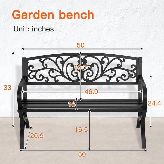 Patio Garden Bench 50 inch Outdoor Metal Loveseat Chairs - Image 3