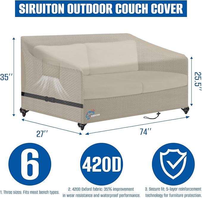 SIRUITON 4-Seat Garden Patio Sofa/Loveseat/Bench Cover 73" W x 27" D x 35" H - Image 2
