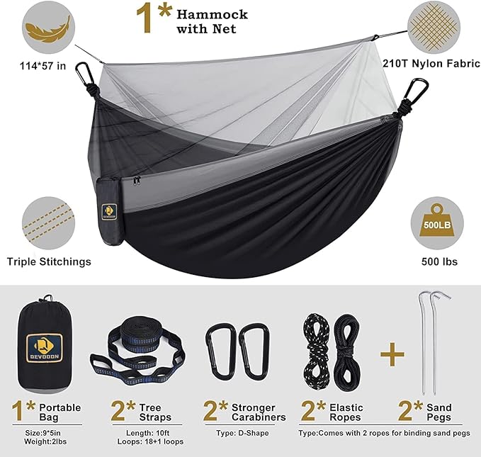 Camping Hammock with Net, Portable Lightweight Double Hammocks with Tree Straps - Image 2