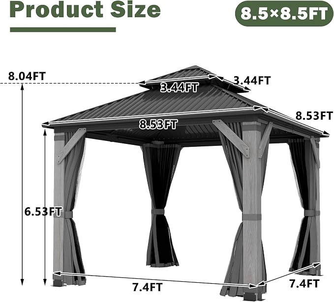 8.5'x8.5' Hardtop Wood Gazebo, Outdoor Double Roof Galvanized Steel Top Gazebo - Image 7