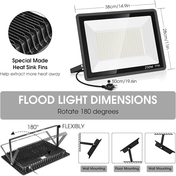 2 Pack 250W Led Flood Lights Outdoor, Super Bright 37000LM Security Lights - Image 3