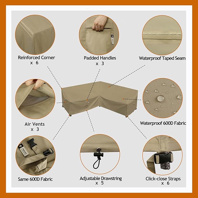 Heavy Duty Outdoor Sectional Sofa Cover, Lawn Patio Furniture Cover, Desert - Image 3