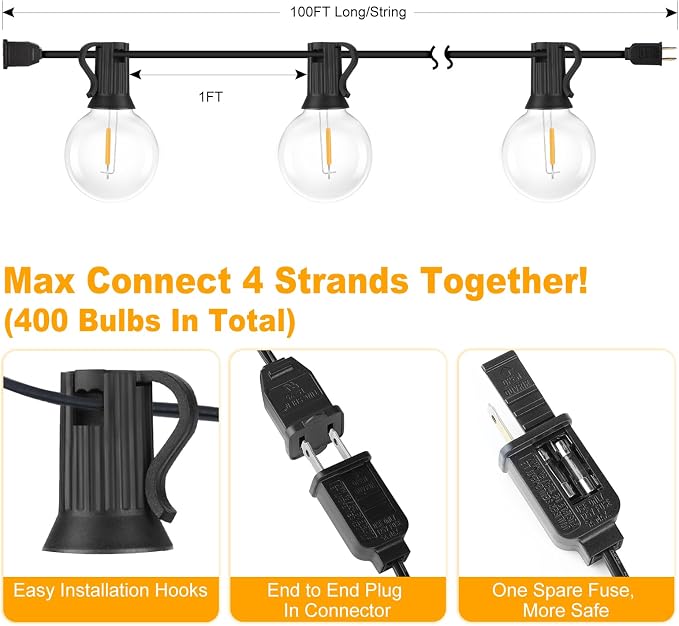 100FT Outdoor G40 LED Globe String Lights Dimmable Waterproof Shatterproof - Image 6