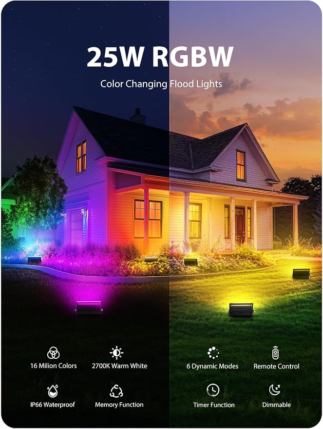 Onforu LED Flood Light Outdoor 250W Equivalent, 25W Color Changing RGBW - Image 2