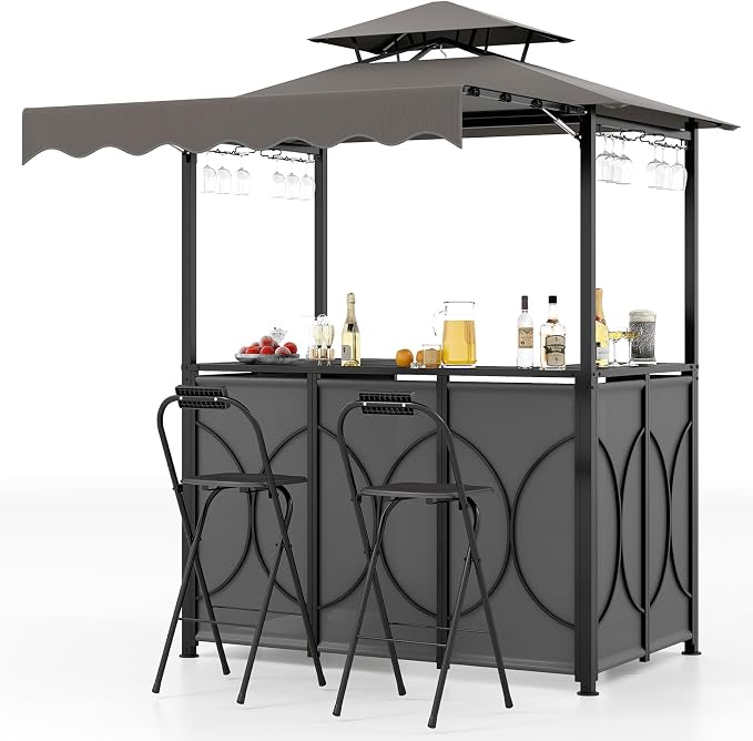 Tangkula 3 Piece Patio Bar Set, Grill Gazebo & 2 Foldable Bar Stools by TANGKULA