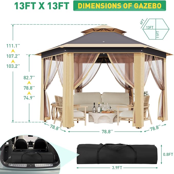 13' x 13' Pop-Up Gazebo, Hexagonal Canopy Shelter - Image 7