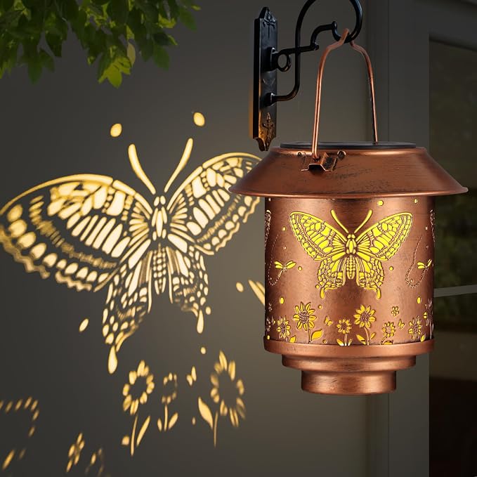Outdoor Hanging Solar Lantern Waterproof Outside Metal Openwork Butterfly by Unknown