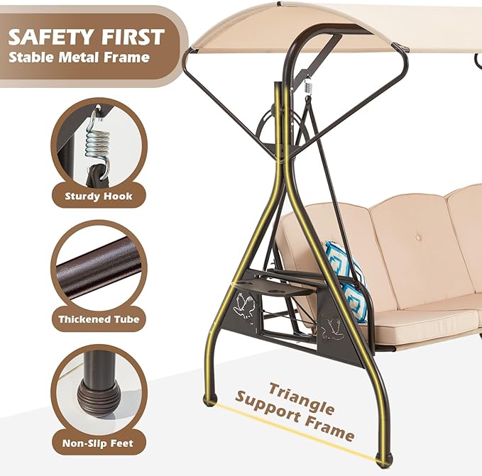800LBS Patio Swing with Canopy 3 Seat Outdoor Porch Swing with Stand w/Cup - Image 3