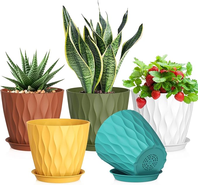 7 inch Plant Pots for Indoor Outdoor Plants, 5 Pack Thick Nursery Pots by Meowell