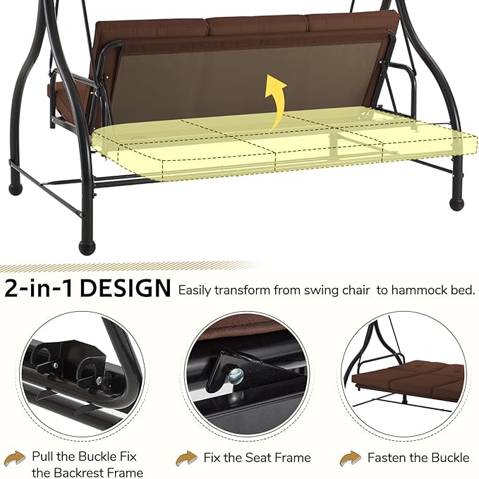 U-MAX Porch Swing Chair with Adjustable Backrest&Canopy, 3 Seat Patio Swing - Image 2