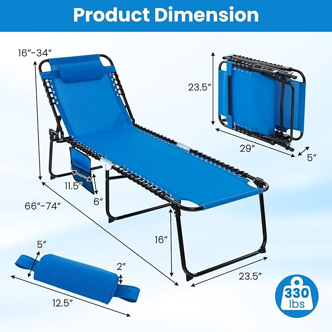 GYMAX Lounge Chairs for Outside, Extra High Folding Beach Tanning Lounger - Image 3