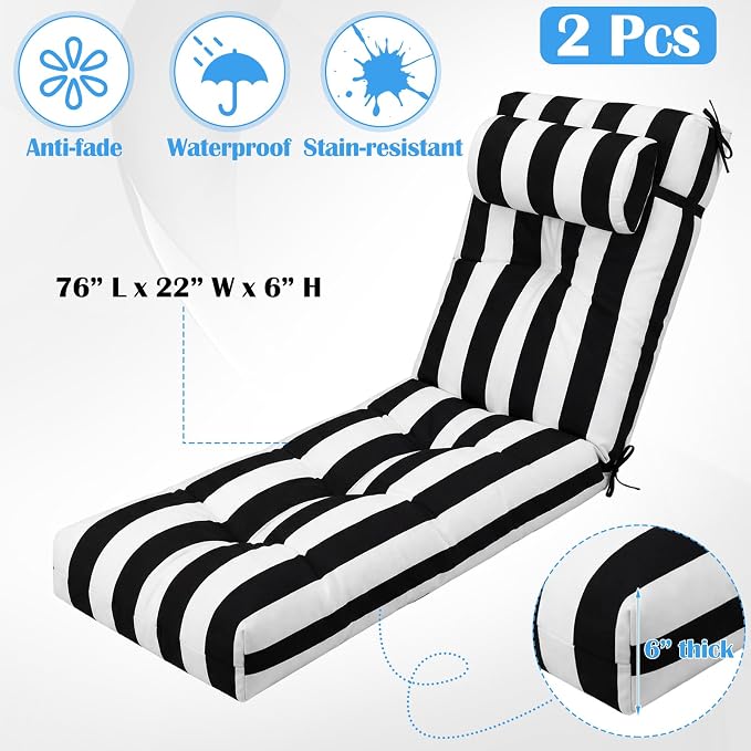 Wenqik Set of 2 Outdoor Chaise Lounge Cushions 76 x 22 x 6 Inch Waterproof - Image 2