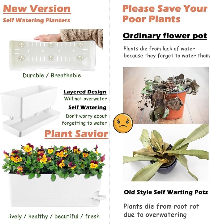 2 Pack Self Watering Pots for Indoor Plants 17 Inches Window Boxes Planters - Image 6