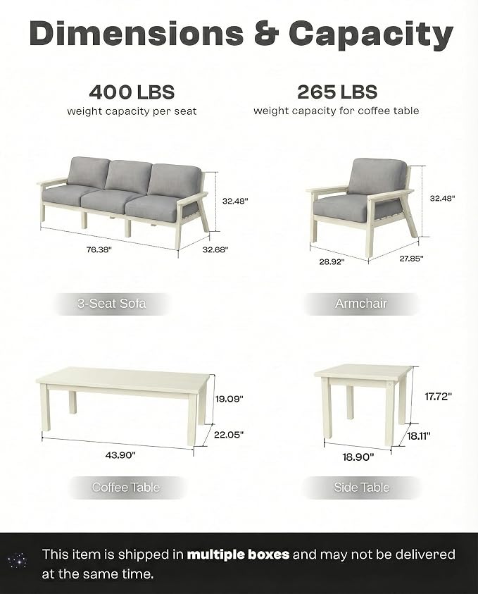 Patio Furniture Set with Washable Thick Gray Cushions, HDPE Outdoor Couch - Image 6