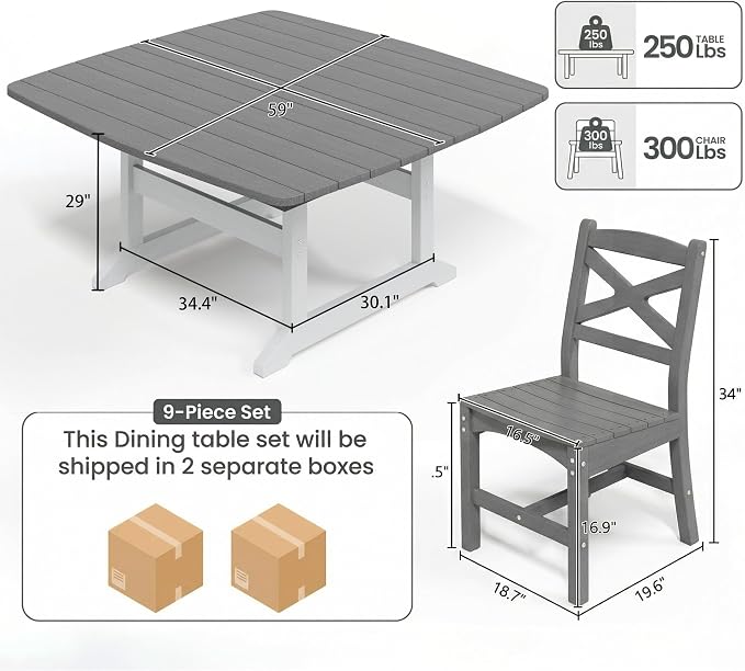 9-Piece Patio Dining Table Set, HDPE Outdoor Table and Chairs Set, All-Weather - Image 3