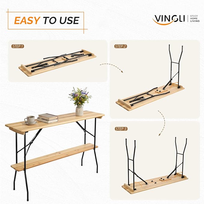 VINGLI 70-Inch 2-Tier Wooden Folding Table, Folding Picnic Table - Image 6