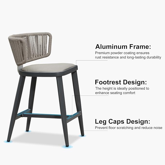 PURPLE LEAF Outdoor Counter Height Bar Stool Set of 2 Modern Rattan Bar Chairs - Image 8