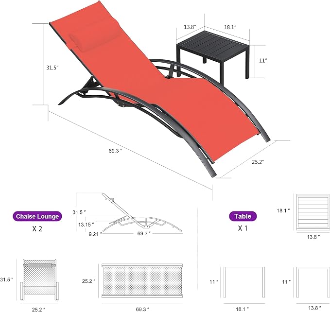 PURPLE LEAF Patio Chaise Lounge Set Outdoor Lounge Chair Beach Pool Sunbathing - Image 2