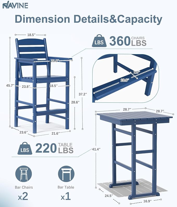 3-Piece Adirondack Bar Table and Chair Set, HDPE All-Weather Bar Height Chairs - Image 2