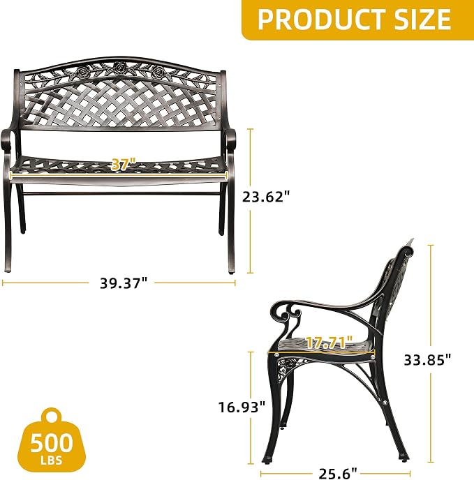 DWVO Cast Aluminum Outdoor Bench, 39.4’’ Patio Garden Benches - Image 3