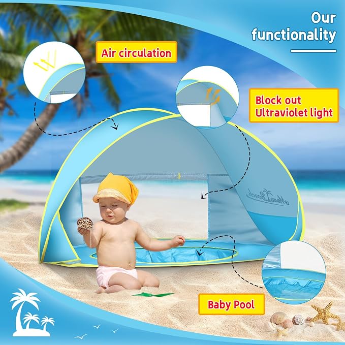 Monobeach Baby Beach Tent with Sun Hat Pop Up Portable Shade Pool UPF50+ UV - Image 6