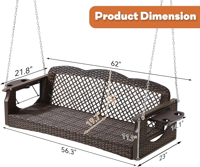 3 Seat Porch Swing, Wicker Patio Swing - Image 7