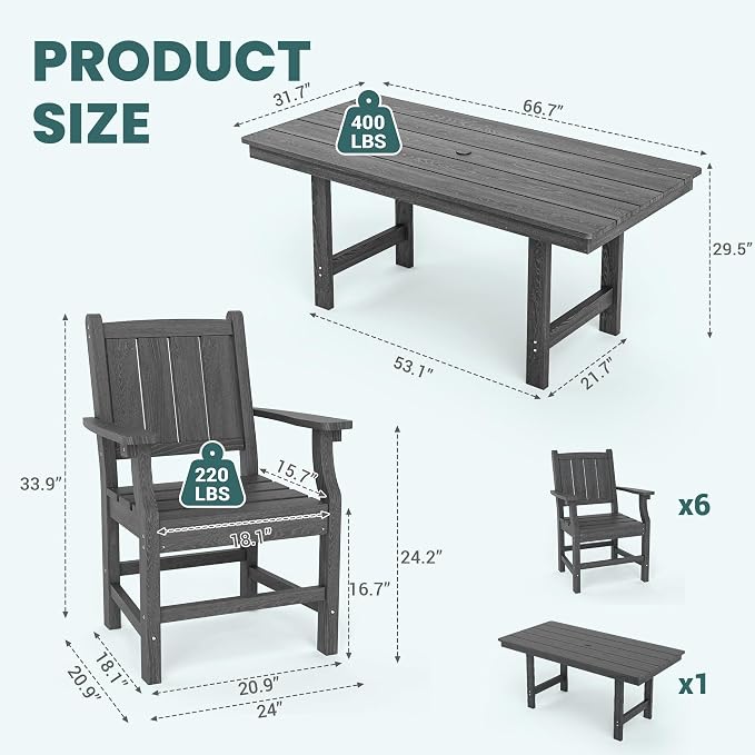 Pamapic 7 PCS Outdoor Dining Set, Spacious HDPE Outdoor Table and Chairs - Image 5
