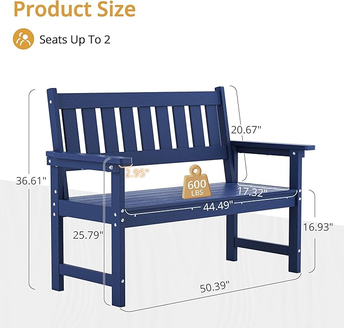 LUE BONA Outdoor Bench, 2-Person HDPS Garden Bench, Outdoor Benches Weatherproof - Image 3