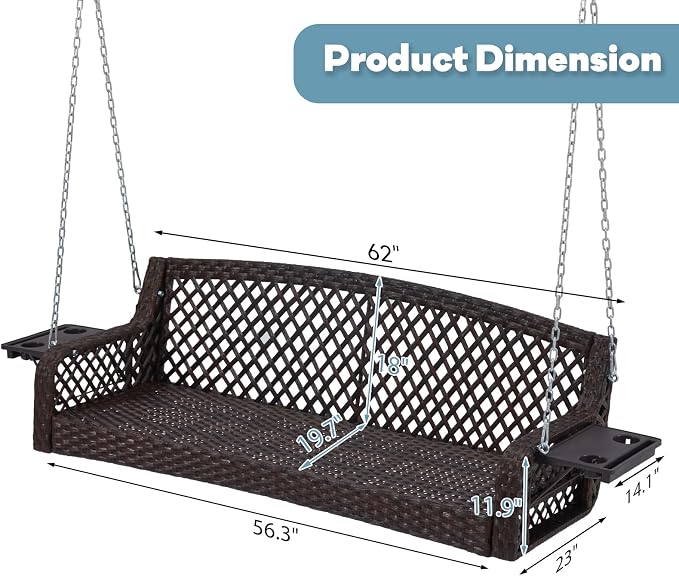 3 Seat Porch Swing, Wicker Patio Swing - Image 7