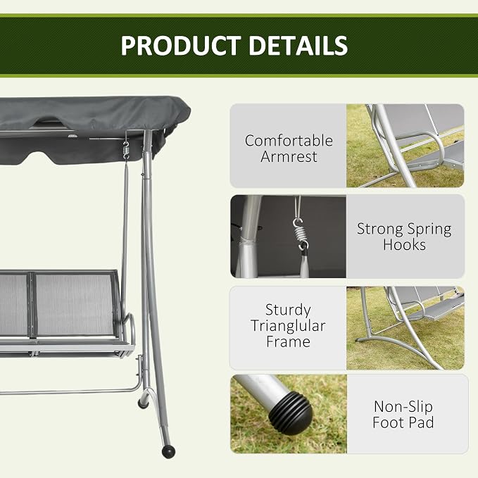 Outsunny 3-Seat Outdoor Porch Swing Chair, Patio Swing Glider - Image 5