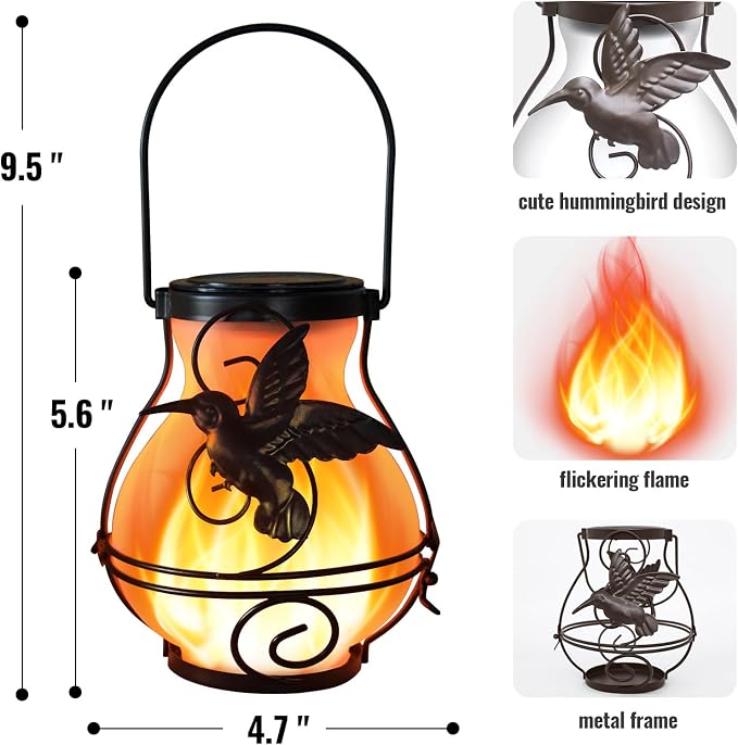 2 Pack Solar Lanterns Outdoor Waterproof Flickering Flame Lights Hummingbird - Image 5