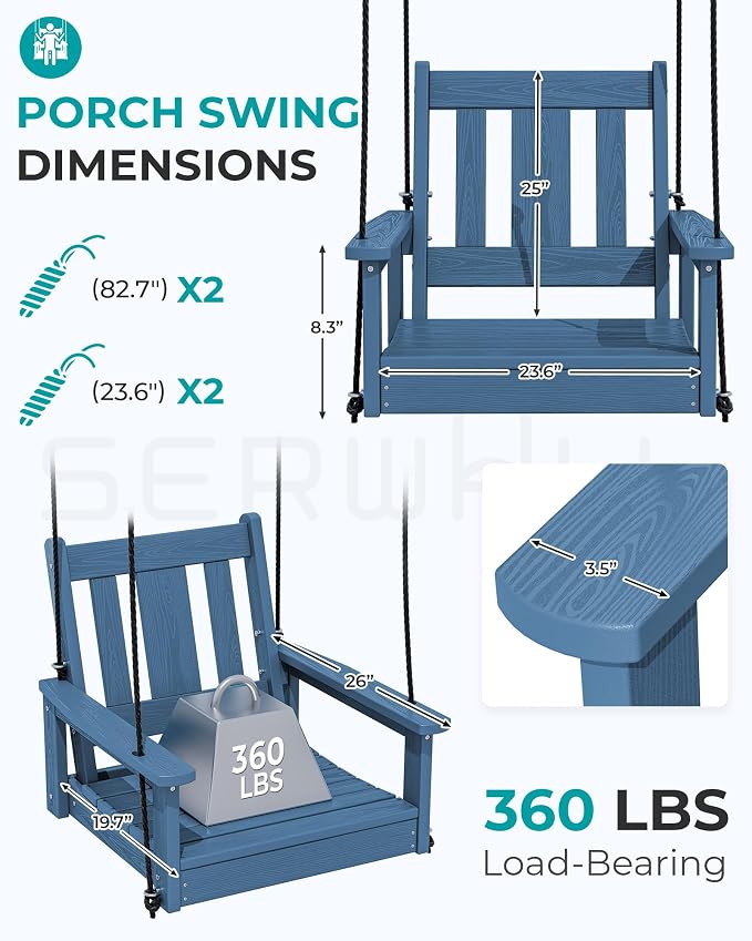 SERWALL HDPE Single Porch Swing Set of 2, Heavy Duty Single Person Swing Chair - Image 3