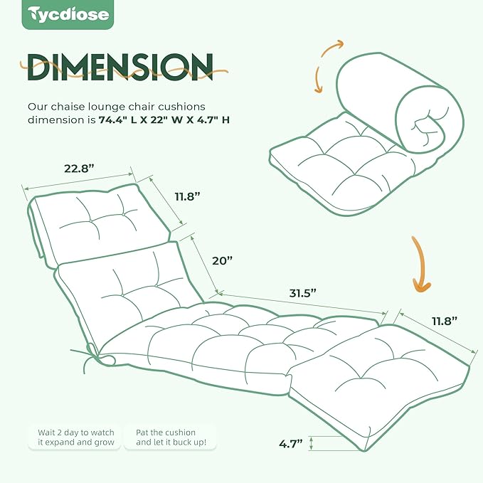 Outdoor Chaise Lounge Chair Cushion Waterproof 74.4 x 22 x 4.7 Inches Memory - Image 3