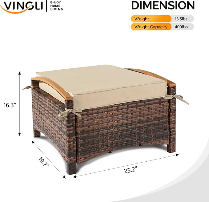 VINGLI Wicker Outdoor Ottoman Set of 2, All Weather PE Rattan Footstool - Image 3