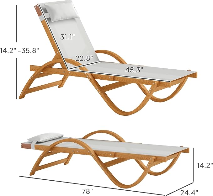 Outsunny Larch Wood Lounge Chair, 4-Level Adjustable Tanning Chair, Full Flat - Image 3