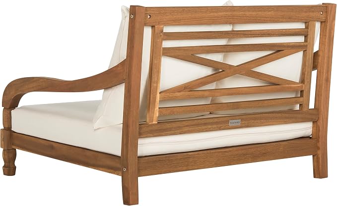 SAFAVIEH Outdoor Collection Pomona Natural Solid Wood/Beige Lounger Bench Sofa - Image 5