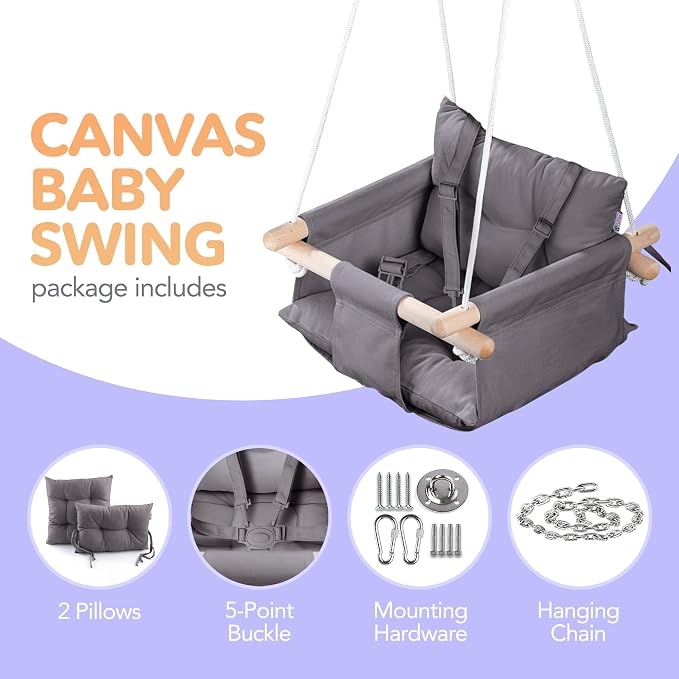 CaTeam - Canvas Baby Swing, Wooden Hanging Swing Seat Chair - Image 3