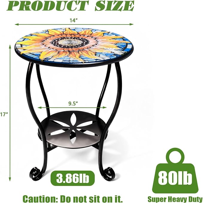 Outdoor Side Table Mosaic Patio Small End Table Metal Coffee Tea Accent Table - Image 2