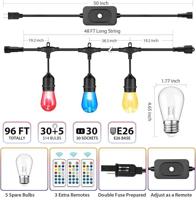 Mlambert 96Ft Outdoor Patio Lights, RGB Dimmable Cafe String Lights - Image 2