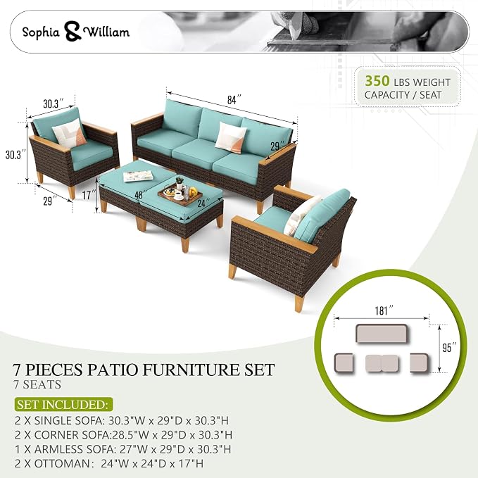 Sophia & William Patio Furniture Sets, 7 Piece Sectional Outdoor Rattan Wicker - Image 7