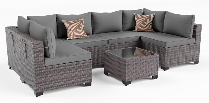 Kullavik 7 Pieces Outdoor Patio Furniture Set PE Wicker Rattan Sectional Sofa by KULLAVIK