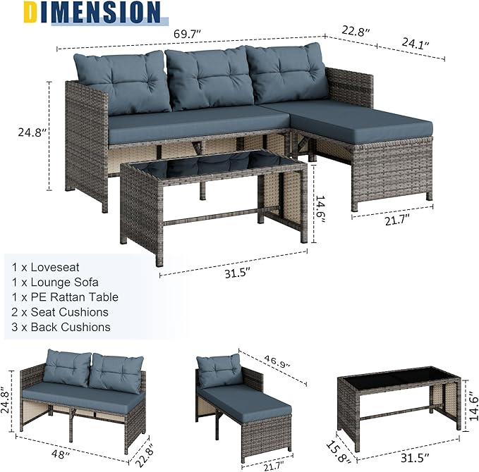 Vongrasig 3 Pieces Patio Furniture Sets, All-Weather Wicker Outdoor Sofa Couch - Image 3