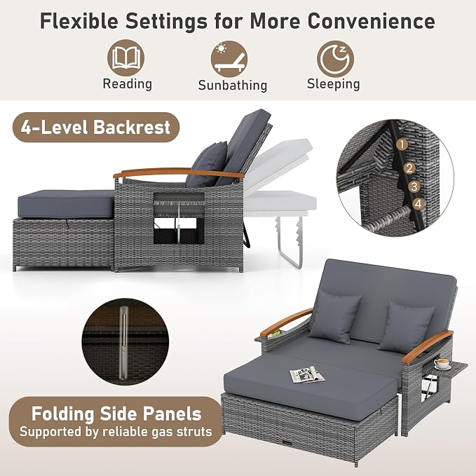 LDAILY Moccha Outdoor Wicker Daybed, Patio Rattan Loveseat Sofa w/ 4-Level - Image 2