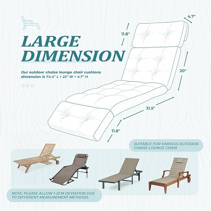 Waterproof Long Lounger Chair Cushion Outdoor Chaise Lounge Chair Cushionswith - Image 3