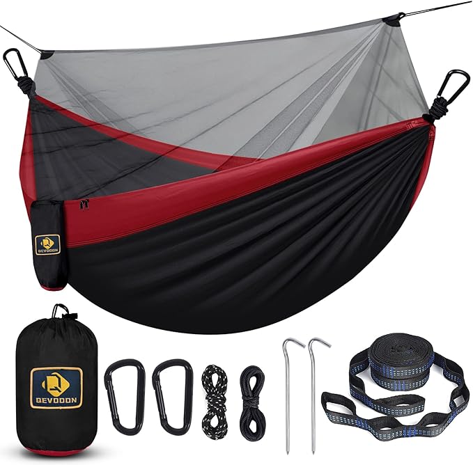 Camping Hammock with Net, Travel Portable Lightweight Hammocks with Tree Straps by QEVOOON