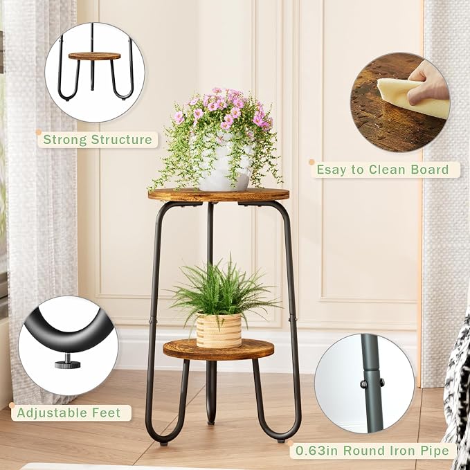 2 Tier Wood Plant Stand Indoor, Small Round Flower Pot Stand, 19.6" Tall Single - Image 4