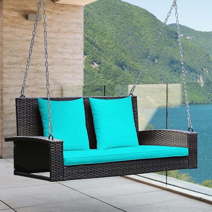 RELAX4LIFE Porch Swing 2-Seat Patio Rattan, Wicker Porch Swings Outdoor W/Two - Image 2
