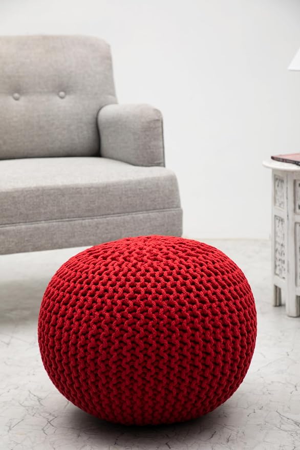 COTTON CRAFT - Hand Knitted Cable Style Dori Pouf - Red - Floor Ottoman - - Image 7