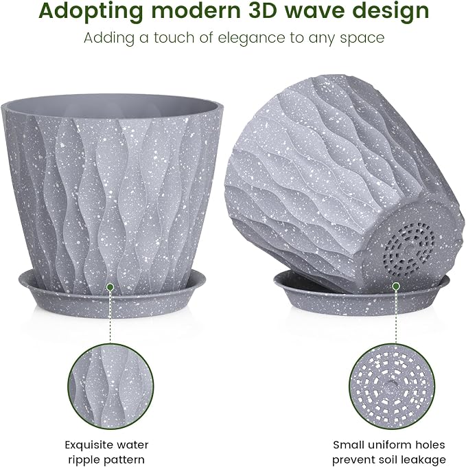 7 inch Plant Pots for Indoor Outdoor Plants, 5 Pack Thick Flower Pots - Image 3